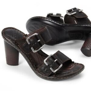 Born Arris Heels Leather Buckles Wood Texture Heel Wide Stitching Brown